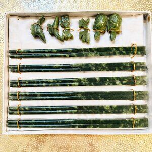 Vintage Chinese carved jade-type stone chopstick set with animal rests w/ box
